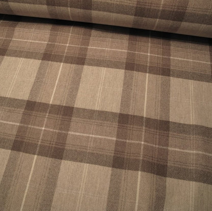 YORK PLAID BEIGE wool fabric by Arte Fresca Outlet, a full view displaying its classic large plaid pattern in muted beige and brown tones with fine cream lines, highlighting its heavy woven texture and timeless country style.