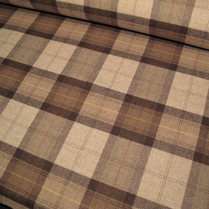 YORK PLAID BROWN heavy woven fabric by Arte Fresca Outlet, a full view displaying its large-scale classic plaid pattern in muted brown and beige tones with fine cream and rustic red accents, highlighting the authentic texture of 100% pure wool.