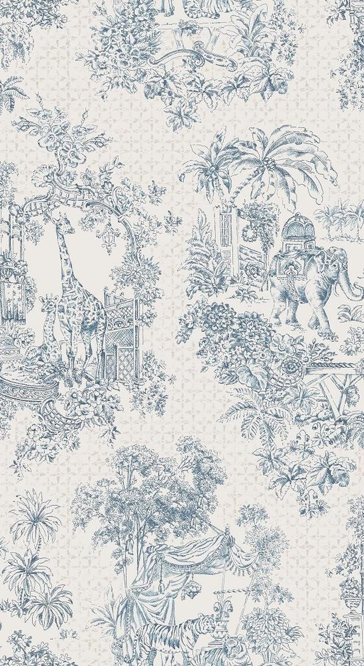 Zuri Bleu fabric coupon by Arte Fresca Outlet, showing a large view of its exotic Toile-de-Jouy inspired pattern. This printed fabric, a blend of 90% cotton and 10% polyester, features majestic giraffes, elephants, and tigers amidst lush jungle scenery, romantic pavilions, and bridges in a muted blue-gray on a soft, creamy background with a fine, engraving-like texture.
