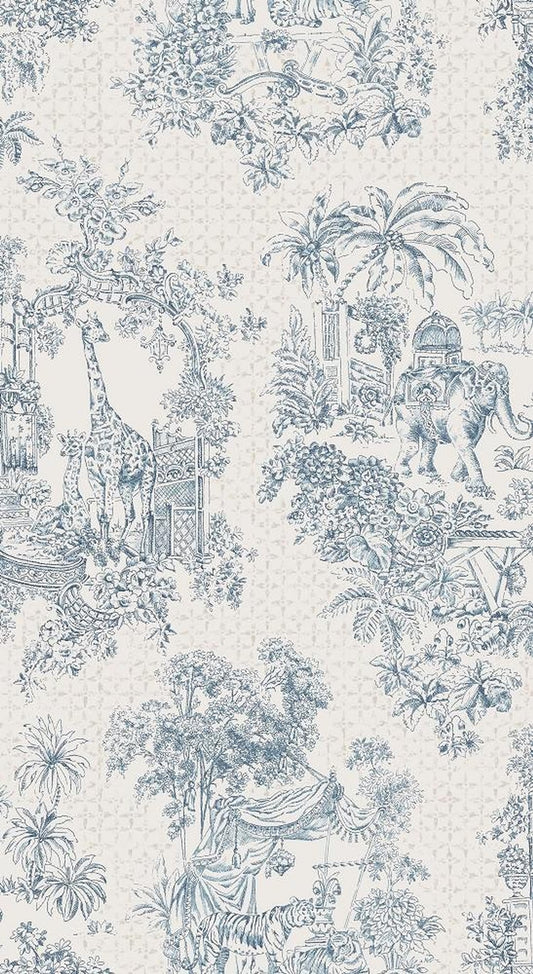 Zuri Bleu fabric coupon by Arte Fresca Outlet, showing a large view of its exotic Toile-de-Jouy inspired pattern. This printed fabric, a blend of 90% cotton and 10% polyester, features majestic giraffes, elephants, and tigers amidst lush jungle scenery, romantic pavilions, and bridges in a muted blue-gray on a soft, creamy background with a fine, engraving-like texture.
