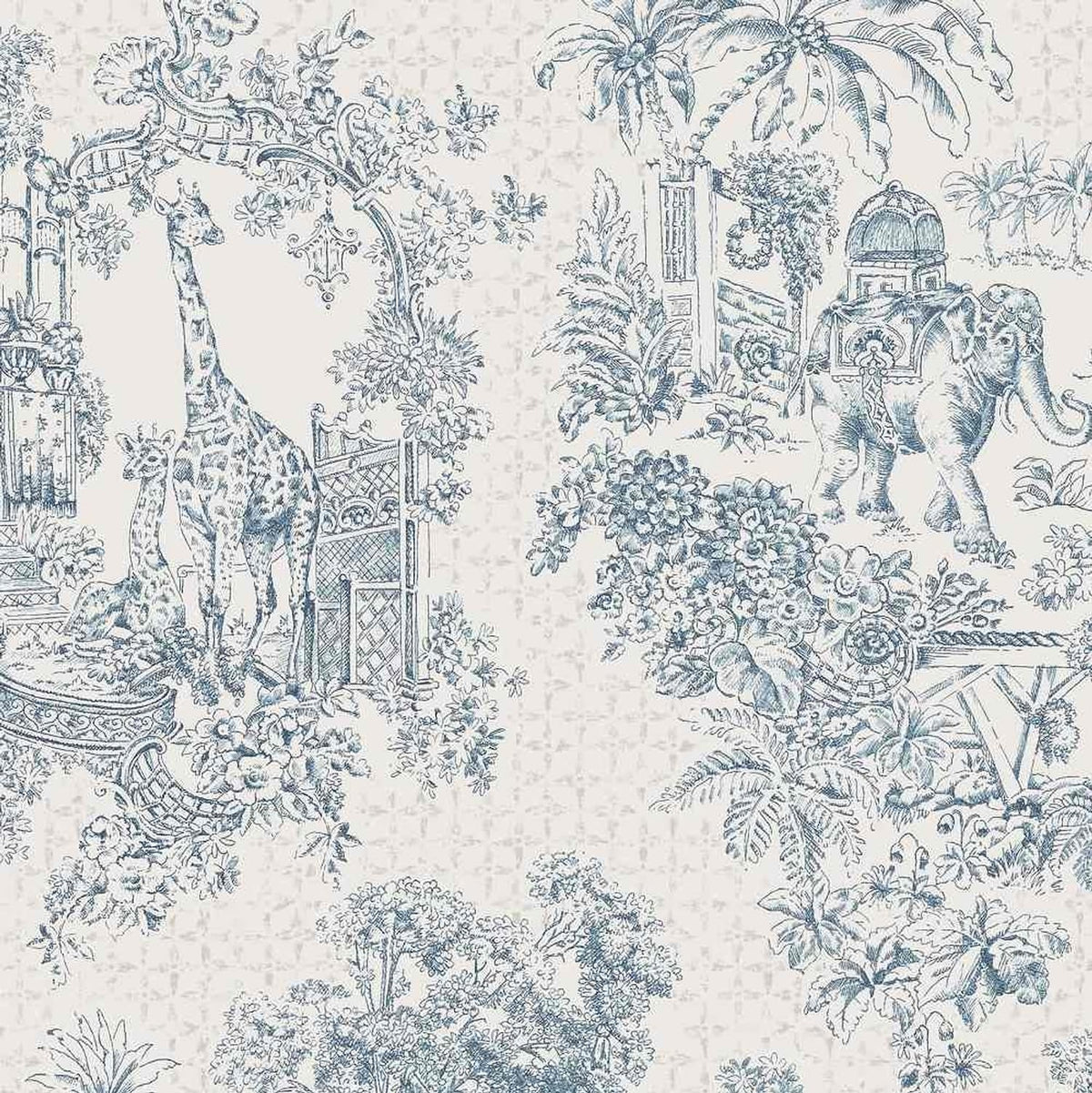 Close-up of Zuri Bleu fabric coupon from Arte Fresca Outlet, revealing the intricate details of the exotic Toile-de-Jouy inspired pattern. Majestic giraffes and tigers are visible in muted blue-gray on the creamy background, highlighting the fine lines and smooth texture of this 90% cotton, 10% polyester blend fabric piece.