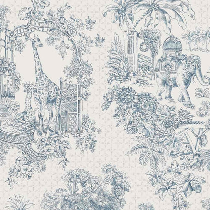 Close-up of Zuri Bleu fabric coupon from Arte Fresca Outlet, revealing the intricate details of the exotic Toile-de-Jouy inspired pattern. Majestic giraffes and tigers are visible in muted blue-gray on the creamy background, highlighting the fine lines and smooth texture of this 90% cotton, 10% polyester blend fabric piece.