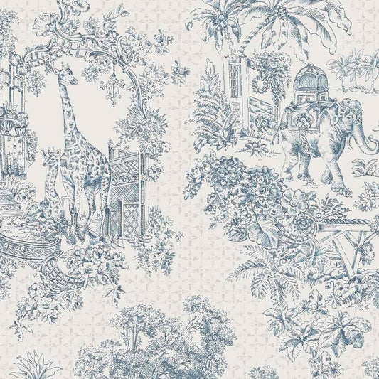 Close-up of Zuri Bleu fabric coupon from Arte Fresca Outlet, revealing the intricate details of the exotic Toile-de-Jouy inspired pattern. Majestic giraffes and tigers are visible in muted blue-gray on the creamy background, highlighting the fine lines and smooth texture of this 90% cotton, 10% polyester blend fabric piece.